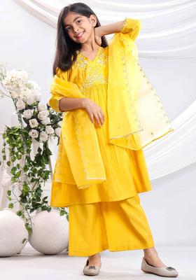 Yellow Embroidered Silk Kurta Set For Girls