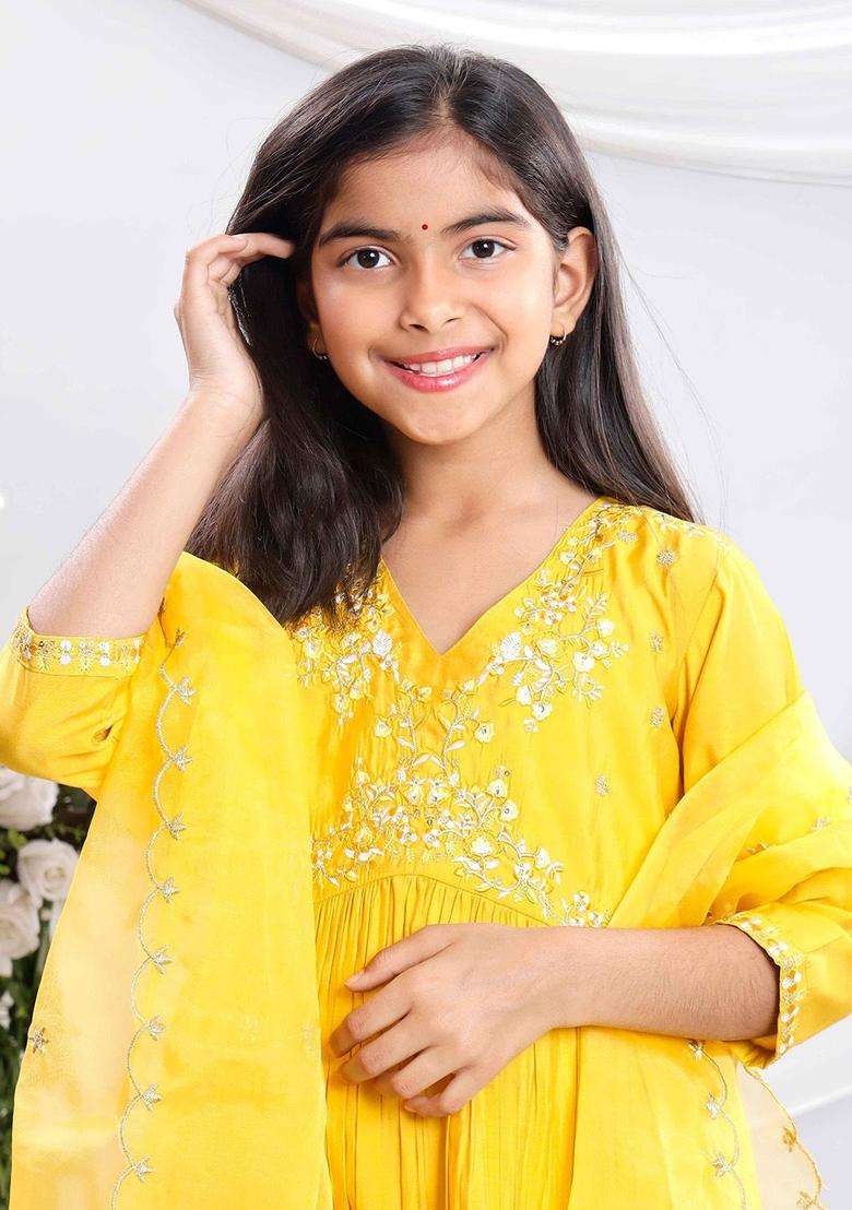Yellow Embroidered Silk Kurta Set For Girls - Indya