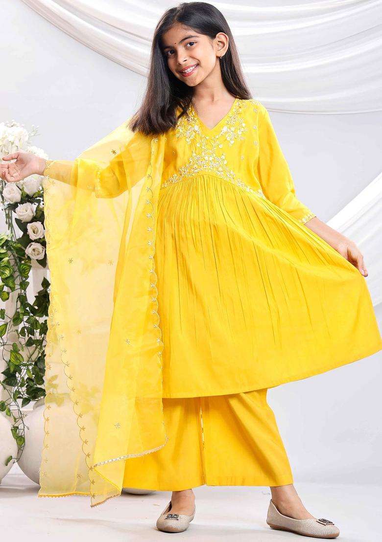 Yellow Embroidered Silk Kurta Set For Girls - Indya