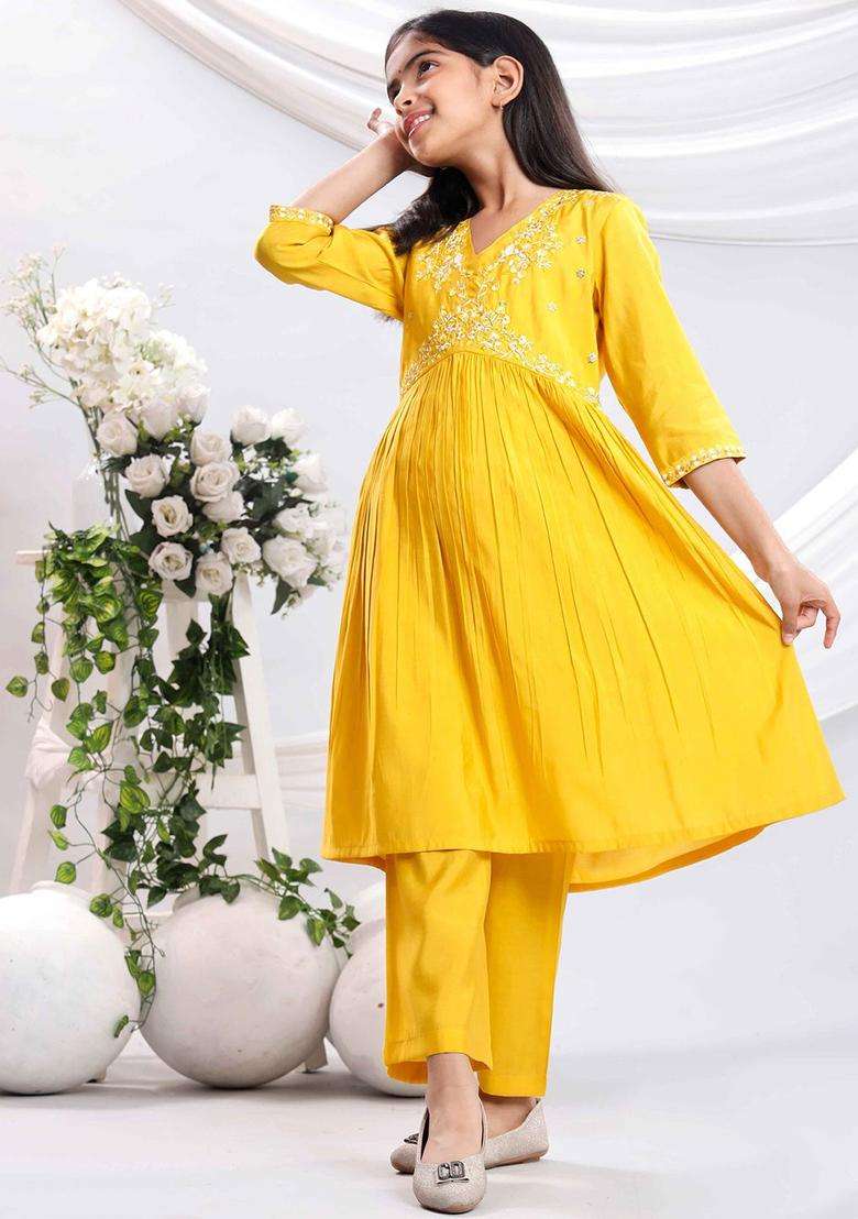 Yellow Embroidered Silk Kurta Set For Girls - Indya