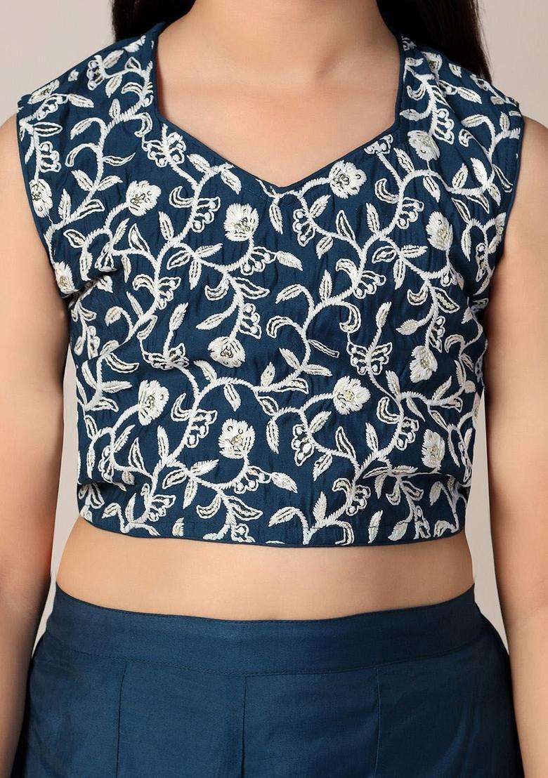 Blue Embroidered Silk Kurta Set For Girls - Indya