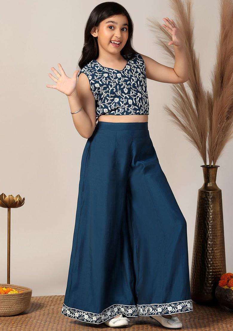 Blue Embroidered Silk Kurta Set For Girls - Indya