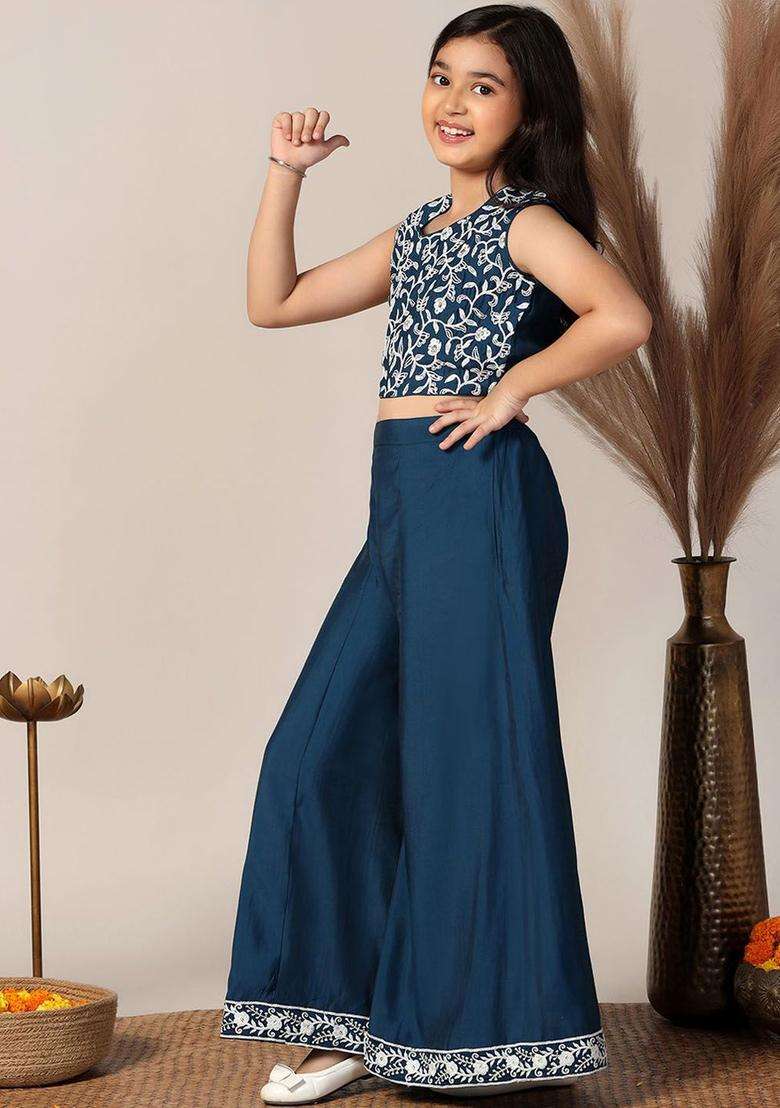 Blue Embroidered Silk Kurta Set For Girls - Indya