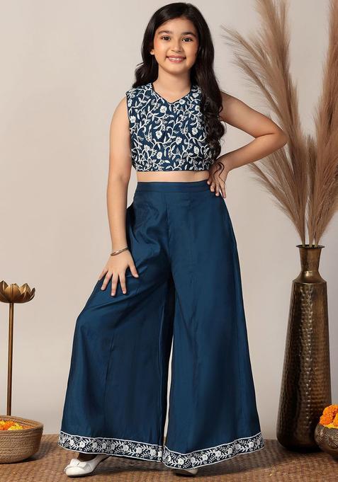 Blue Embroidered Silk Kurta Set For Girls — view on Indya
