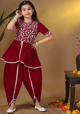 Maroon Embroidered Silk Kurta Set For Girls