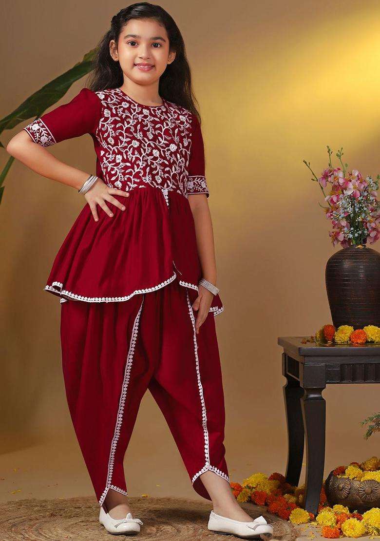 Maroon Embroidered Silk Kurta Set For Girls - Indya