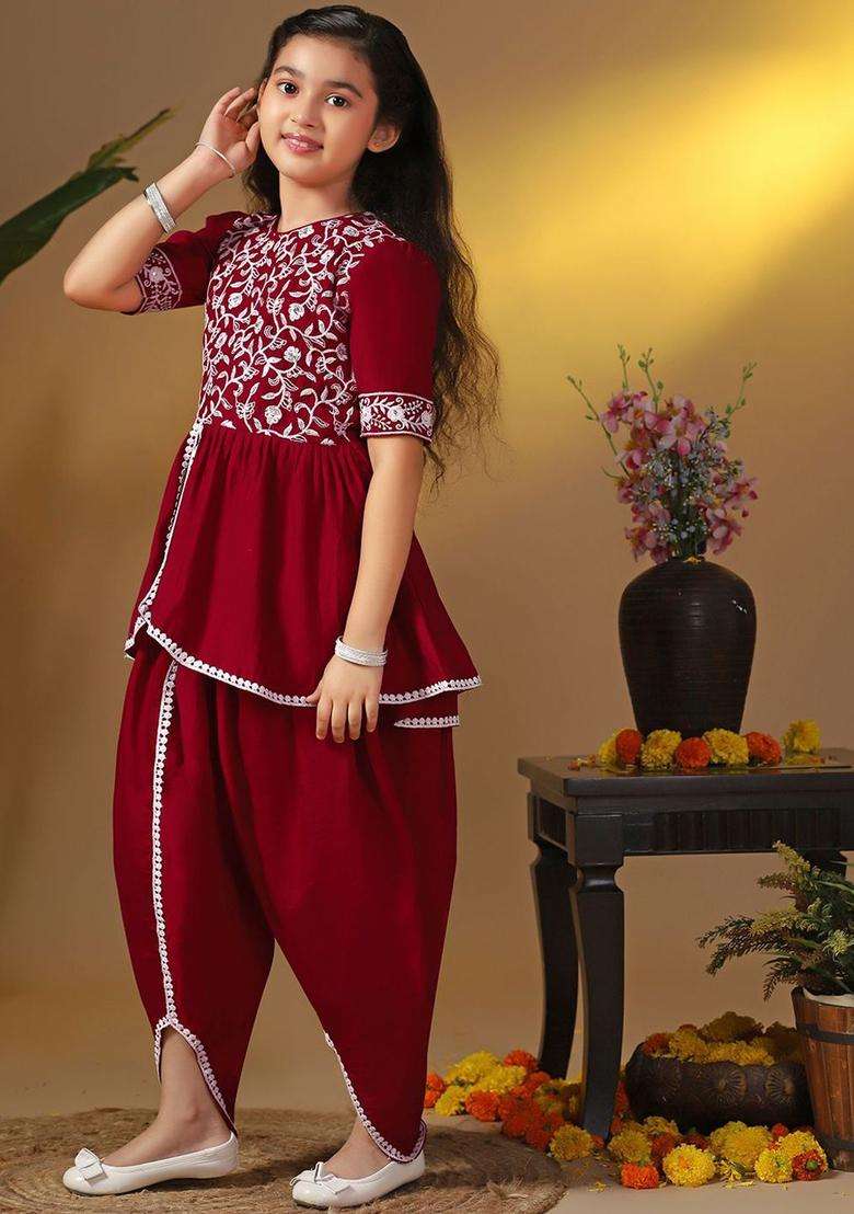 Maroon Embroidered Silk Kurta Set For Girls - Indya