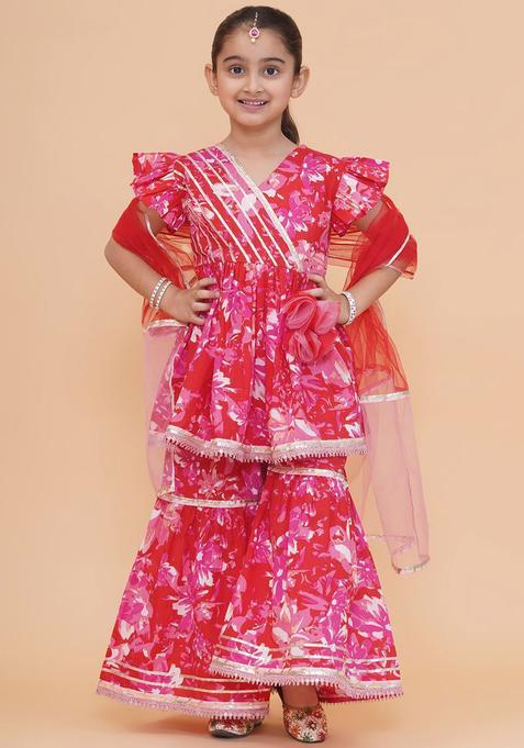 Red Printed Cotton Anarkali Kurta Set For Girls — view on Indya