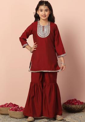 Maroon Embroidered Silk Kurta Set For Girls