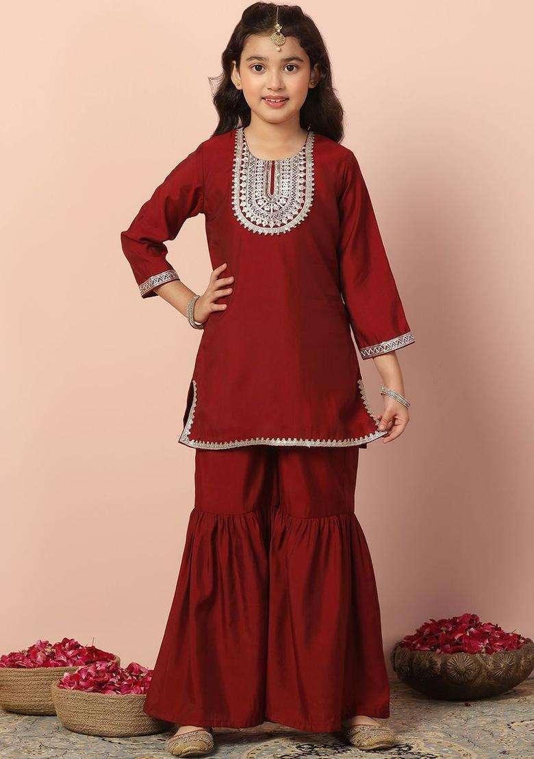 Maroon Embroidered Silk Kurta Set For Girls - Indya