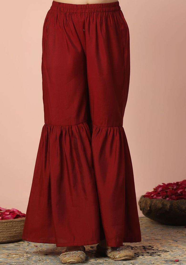 Maroon Embroidered Silk Kurta Set For Girls - Indya