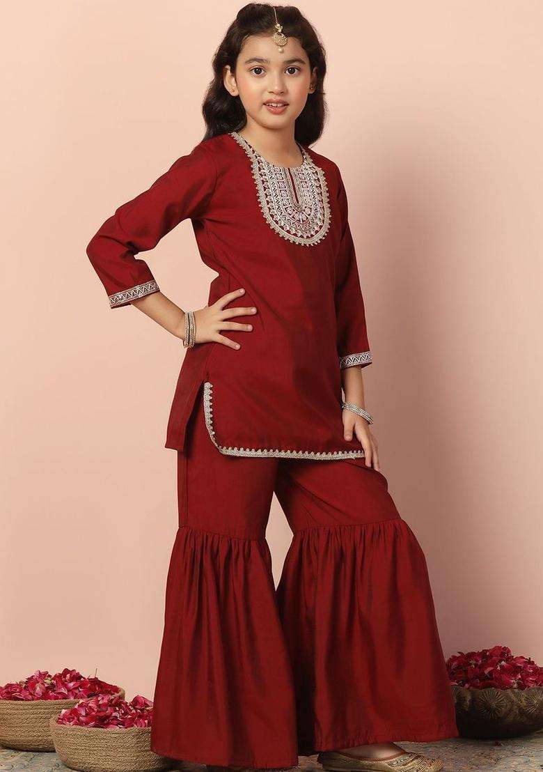 Maroon Embroidered Silk Kurta Set For Girls - Indya