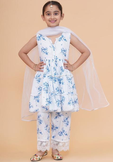 White Printed Cotton Anarkali Kurta Set For Girls — view on Indya