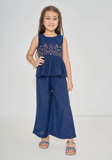 Blue Embroidered Viscose Kurta Set For Girls — view on Indya