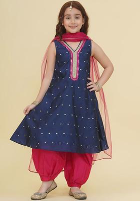 Navy Blue Self Design Silk Kurta Set For Girls