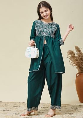 Green Embroidered Silk Kurta Set For Girls