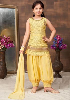 Yellow Printed Georgette Kurta Set For Girls