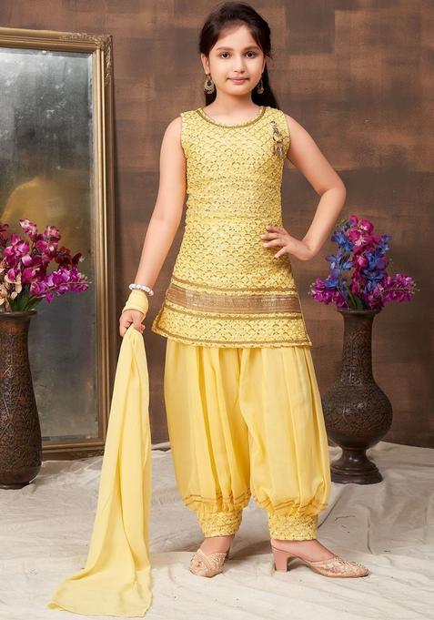 Yellow Printed Georgette Kurta Set For Girls — view on Indya