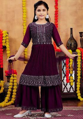Purple Embroidered Georgette Anarkali Kurta Set For Girls