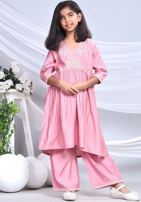Pink Embroidered Silk Anarkali Kurta Set For Girls