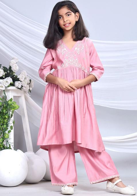 Pink Embroidered Silk Anarkali Kurta Set For Girls — view on Indya