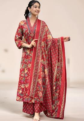 Red Printed Silk Anarkali Kurta Set For Girls