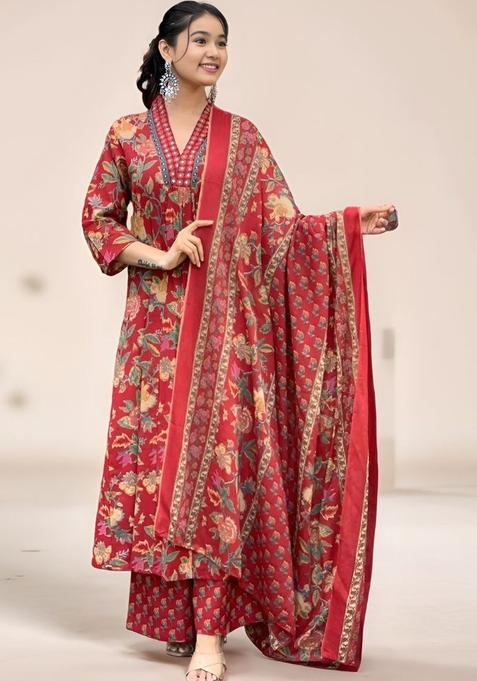 Red Printed Silk Anarkali Kurta Set For Girls — view on Indya