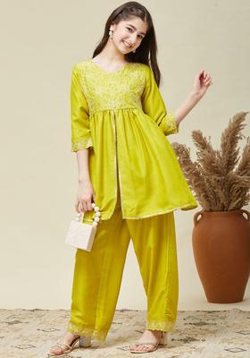 Green Embroidered Silk Kurta Set For Girls