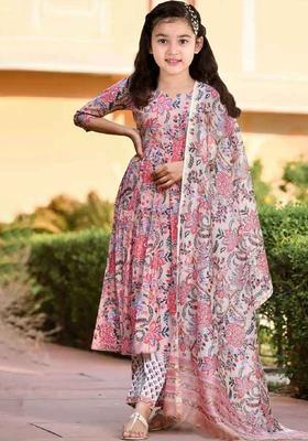 Pink Printed Silk Anarkali Kurta Set For Girls