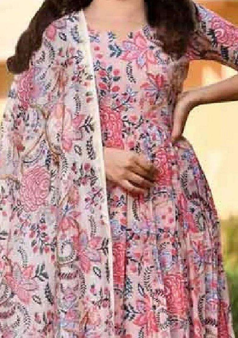 Pink Printed Silk Anarkali Kurta Set For Girls - Indya
