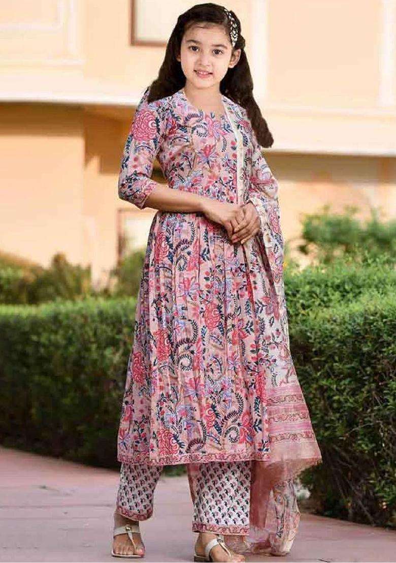 Pink Printed Silk Anarkali Kurta Set For Girls - Indya