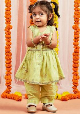 Green Woven Design Silk Anarkali Kurta Set For Girls