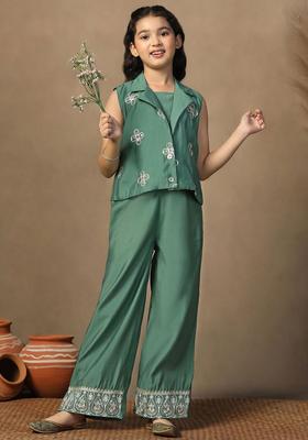 Green Embroidered Silk Kurta Set For Girls