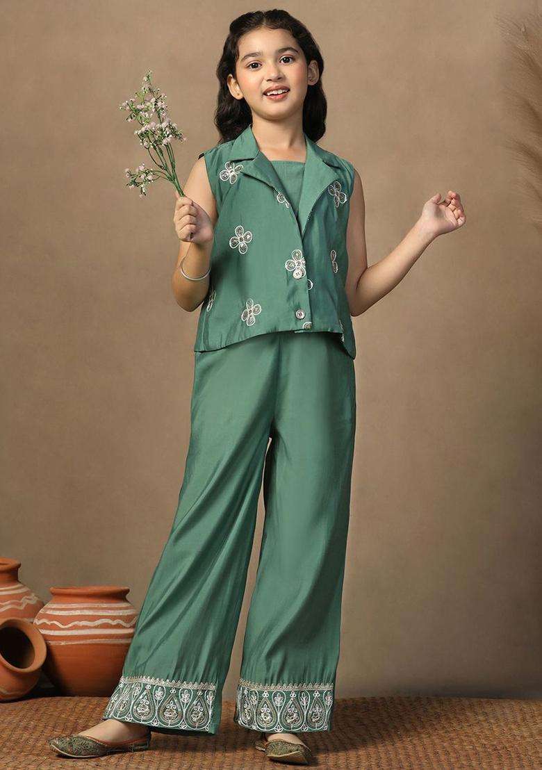Green Embroidered Silk Kurta Set For Girls - Indya