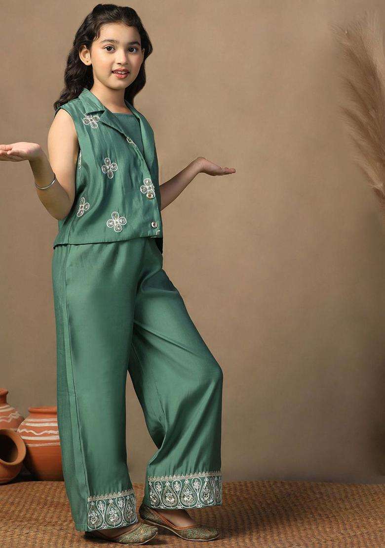 Green Embroidered Silk Kurta Set For Girls - Indya