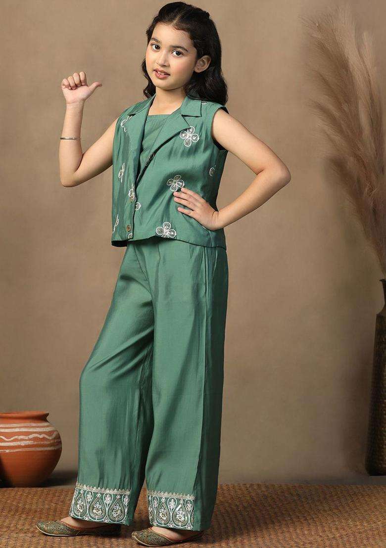 Green Embroidered Silk Kurta Set For Girls - Indya