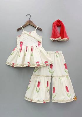 Off White Printed Silk Kurta Set For Girls