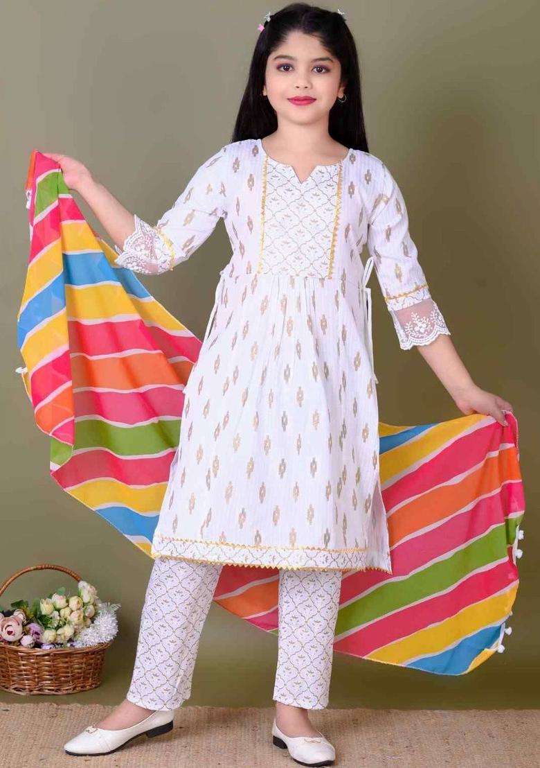 White Printed Cotton Kurta Set For Girls - Indya