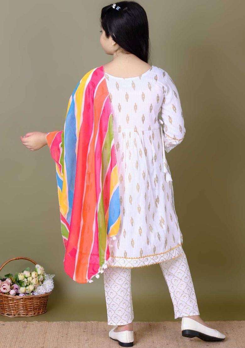 White Printed Cotton Kurta Set For Girls - Indya