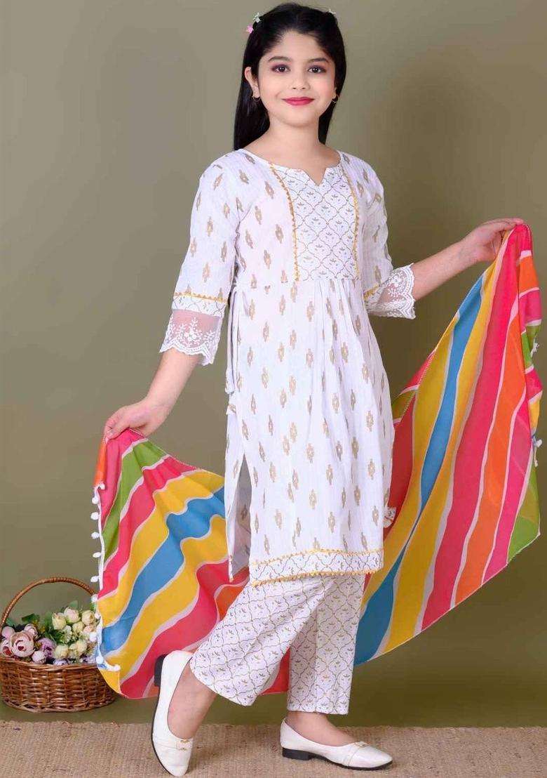 White Printed Cotton Kurta Set For Girls - Indya