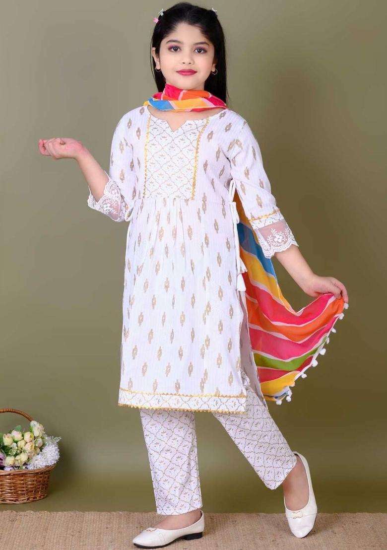 White Printed Cotton Kurta Set For Girls - Indya