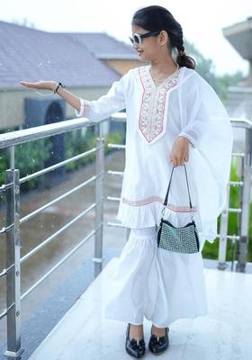 White Embroidered Silk Kurta Set For Girls