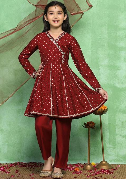 Maroon Printed Silk Kurta Set For Girls — view on Indya