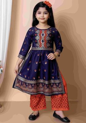 Navy Blue Woven Design Viscose Kurta Set For Girls