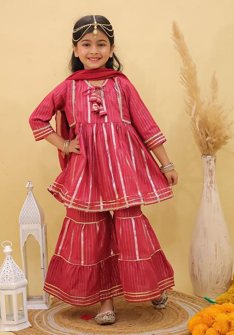 Maroon Striped Cotton Anarkali Kurta Set For Girls — view on Indya