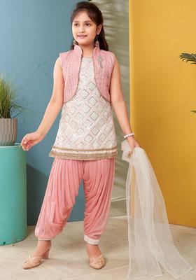 White Embroidered Silk Kurta Set For Girls