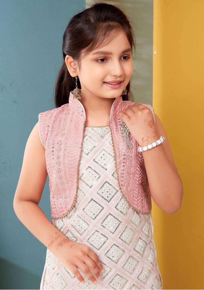 White Embroidered Silk Kurta Set For Girls - Indya