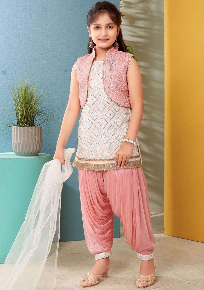White Embroidered Silk Kurta Set For Girls - Indya