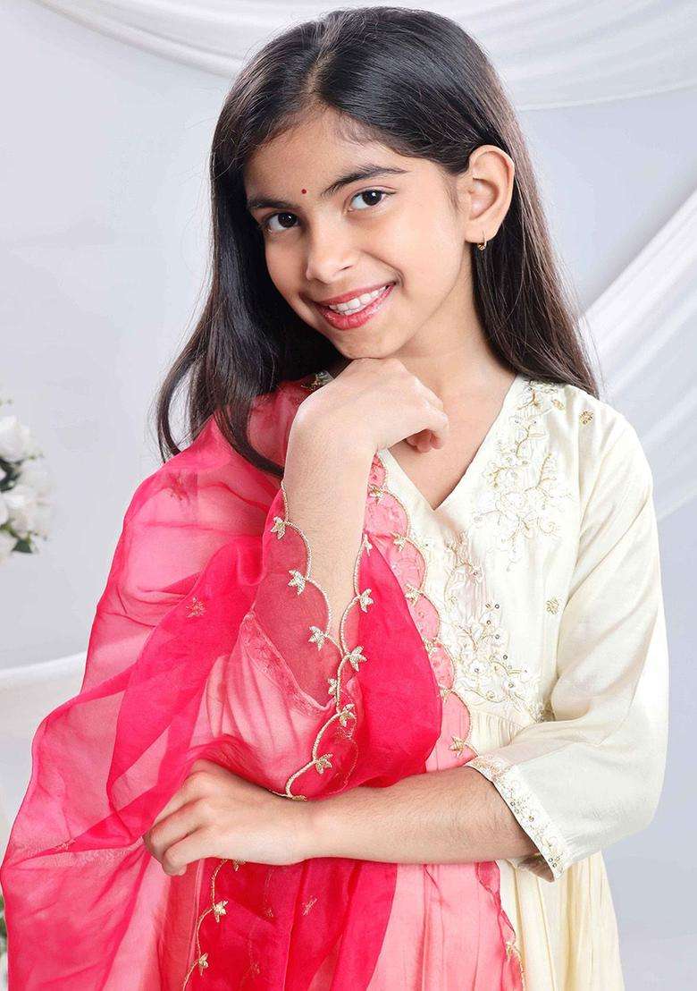 White Embroidered Silk Kurta Set For Girls - Indya