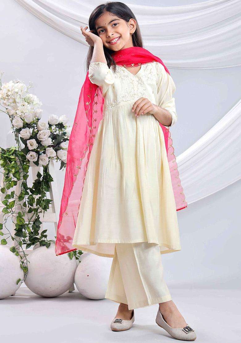 White Embroidered Silk Kurta Set For Girls - Indya
